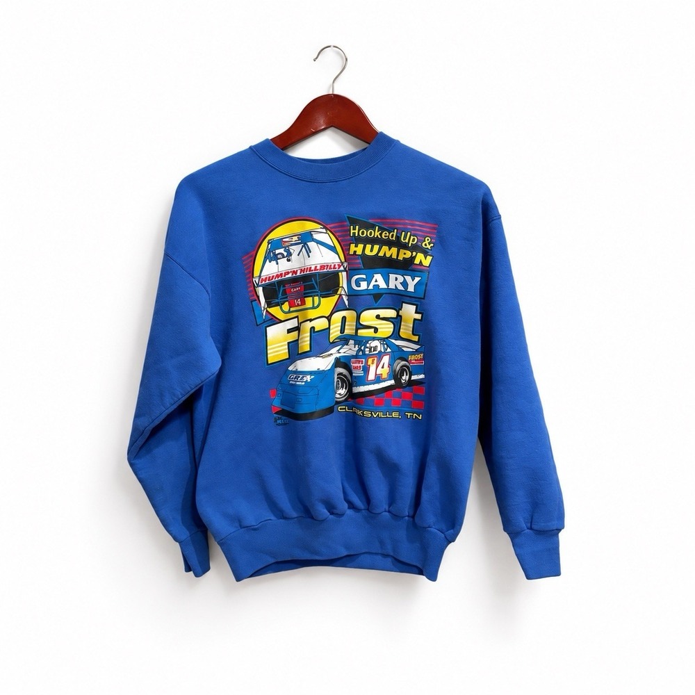 Vintage Gary Frost #14 Racing Sweatshirt Hanes Blue Clarksville Size Large
